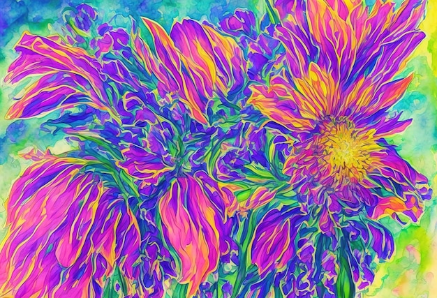 A painting of flowers that are colored with the colors of the rainbow.