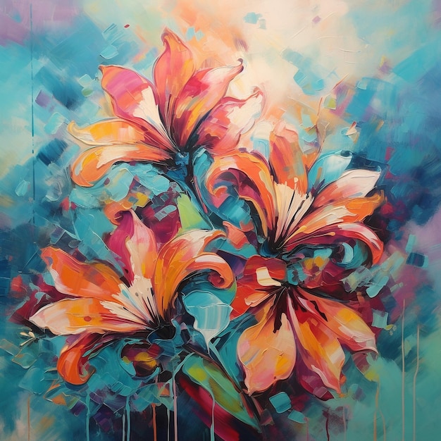 A painting of flowers that is on a wall.