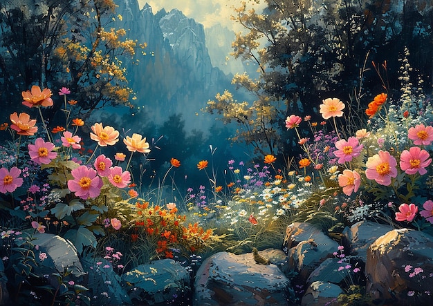 a painting of flowers and trees with mountains in the background