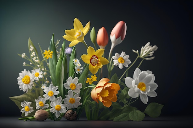 A painting of flowers and tulips with a dark background.