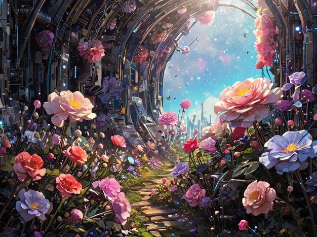 Photo a painting of flowers and a tunnel with a painting of a flower