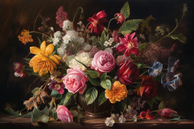 A painting of flowers in a vase on a table generative AI