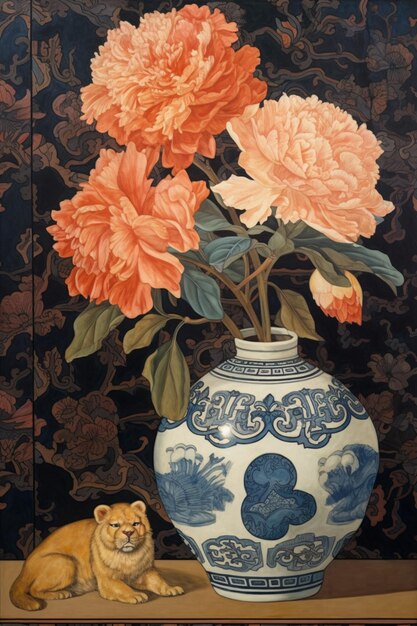 A painting of flowers in a vase with a bear on the side.