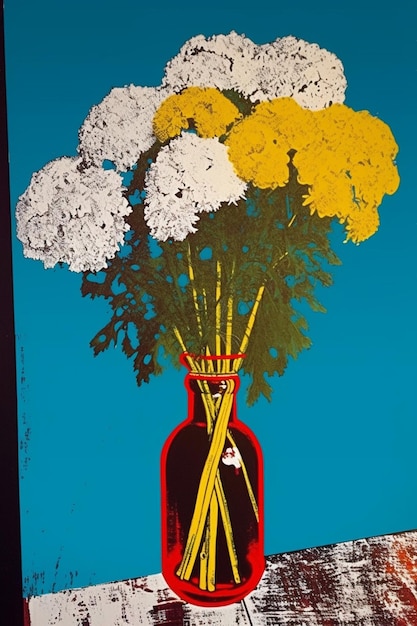 A painting of flowers in a vase with a blue background.