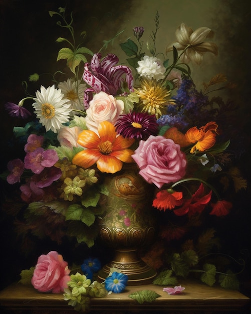 A painting of flowers in a vase with a green background.