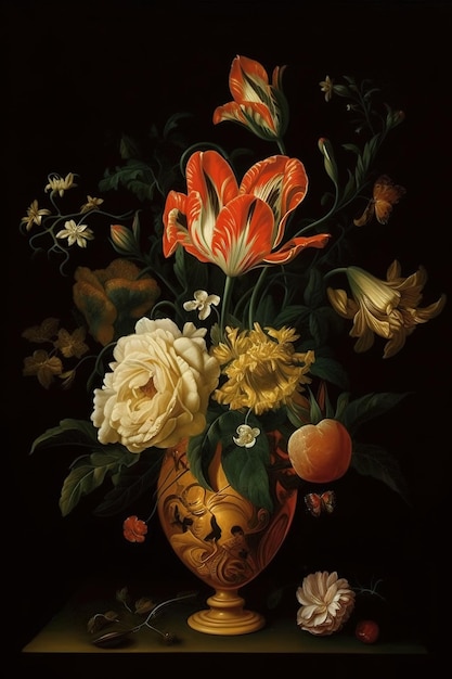 A painting of flowers and a vase with orange and white flowers.