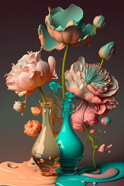 A painting of flowers and a vase with a spray of water.