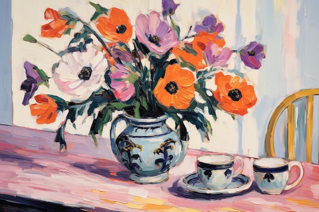 a painting of flowers and a vase with a vase with flowers in it