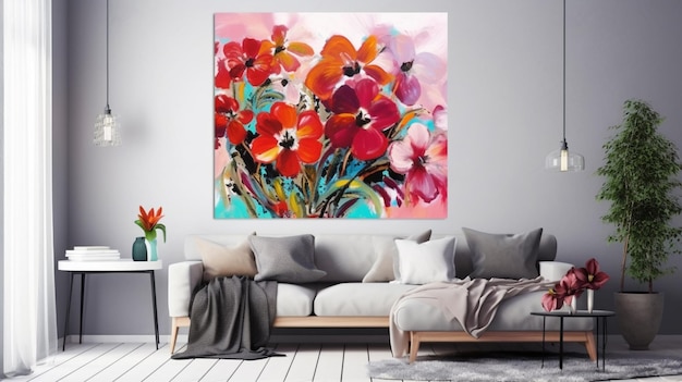 A painting of flowers on a wall with a pink and red flower on the left.