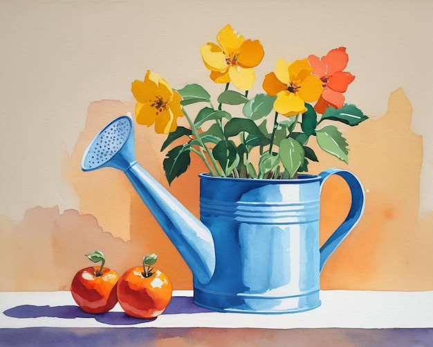 a painting of flowers and a watering can with a blue handle