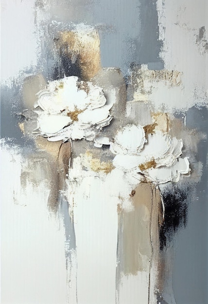 A painting of flowers in white and gold