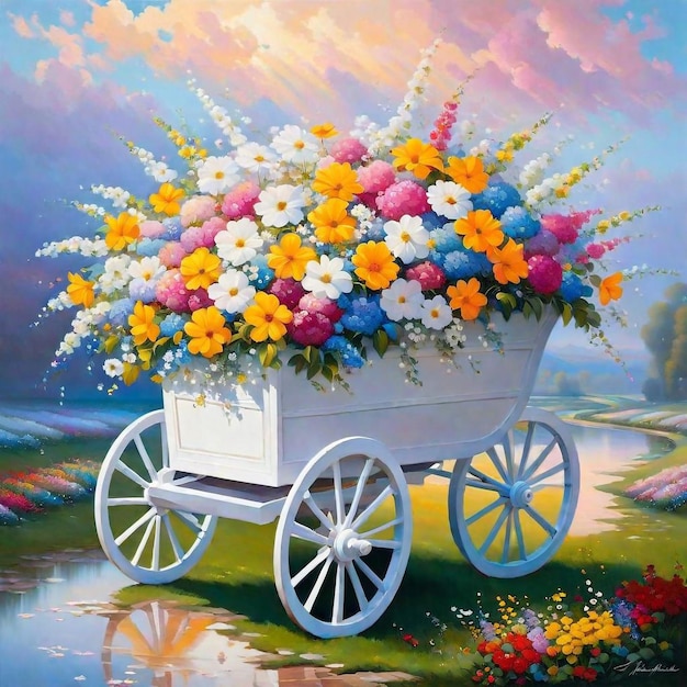 a painting of flowers in a white wagon