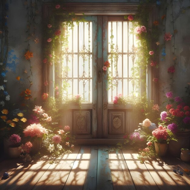 a painting of flowers and a window with the sun shining through the window