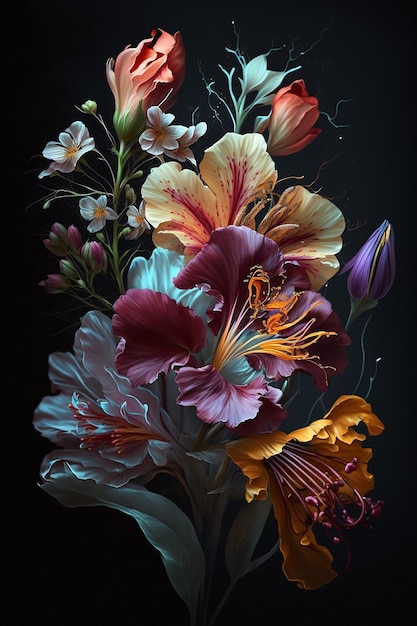 A painting of flowers with a black background