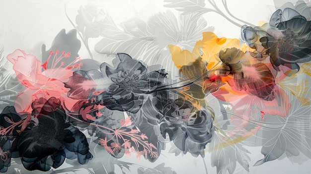 a painting of flowers with a black and white background