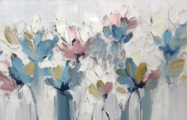 A painting of flowers with a blue background