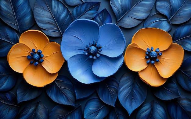 a painting of flowers with blue leaves and blue leaves