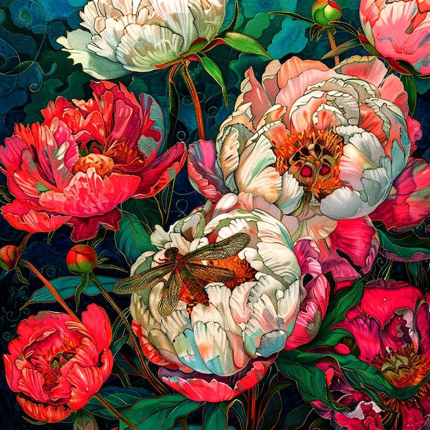 a painting of flowers with a butterfly on the top