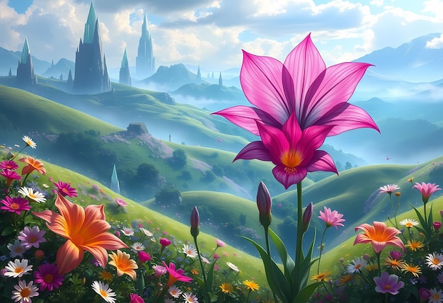 a painting of flowers with a castle in the background