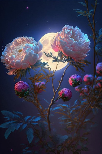 Painting of flowers with a full moon in the background generative ai