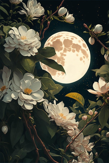 Painting of flowers with a full moon in the background generative ai