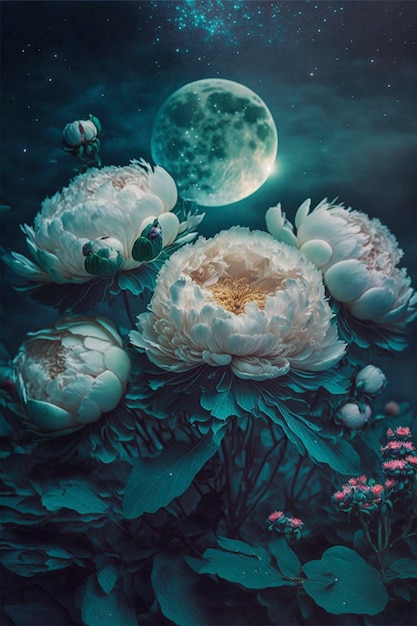 Painting of flowers with a full moon in the background generative ai