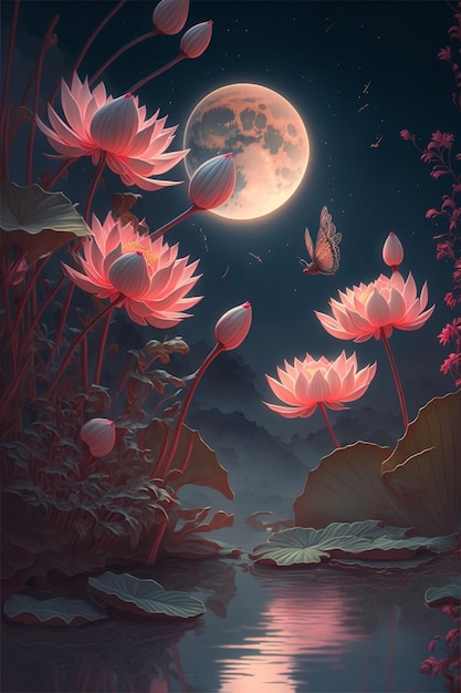 Painting of flowers with a full moon in the background generative ai