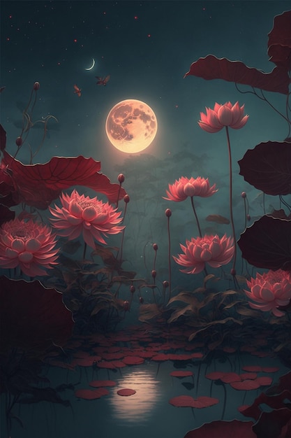 Painting of flowers with a full moon in the background generative ai