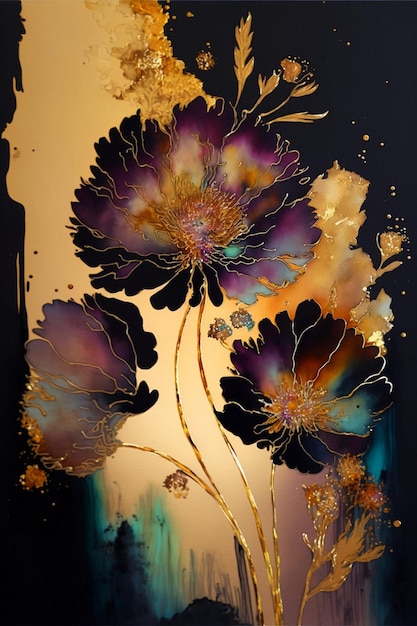 A painting of flowers with gold and black colors.