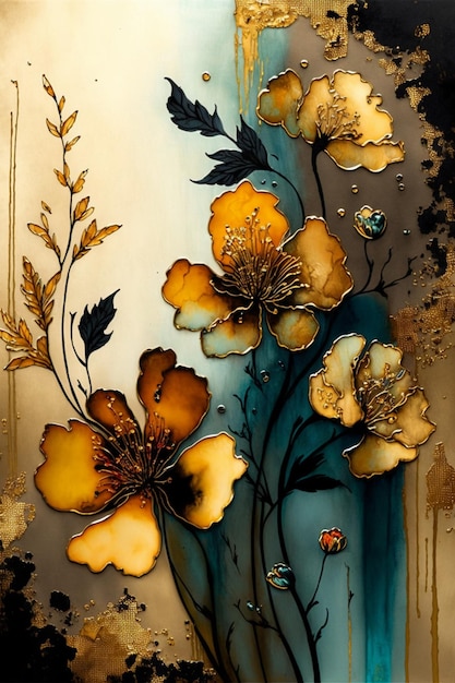 A painting of flowers with a lady bug on it