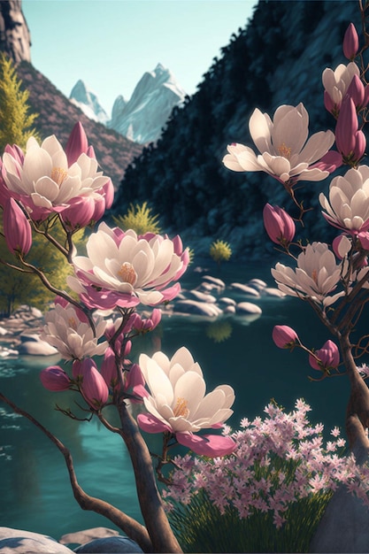 Painting of flowers with mountains in the background generative ai