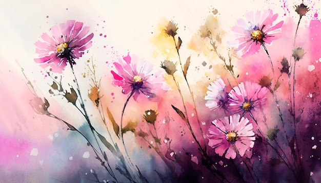 A painting of flowers with a pink background