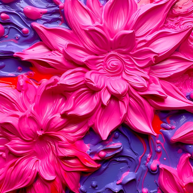 A painting of flowers with pink petals and a red blot of paint.