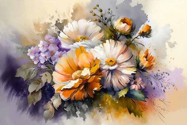 A painting of flowers with a purple background