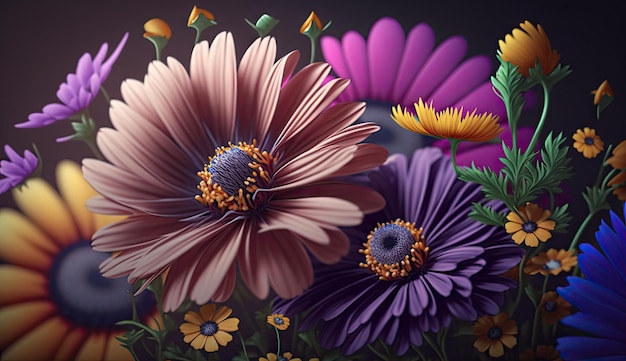 A painting of flowers with a purple and yellow flower