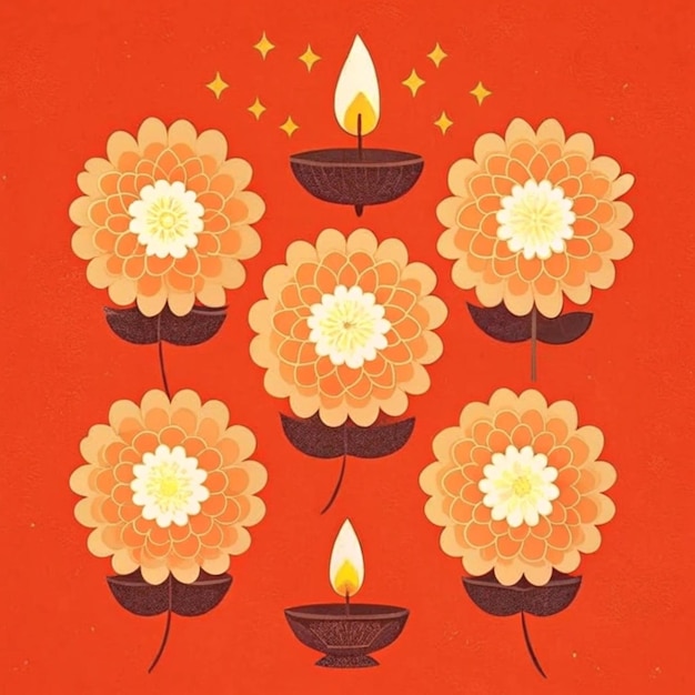 a painting of flowers with a red background with a candle in it