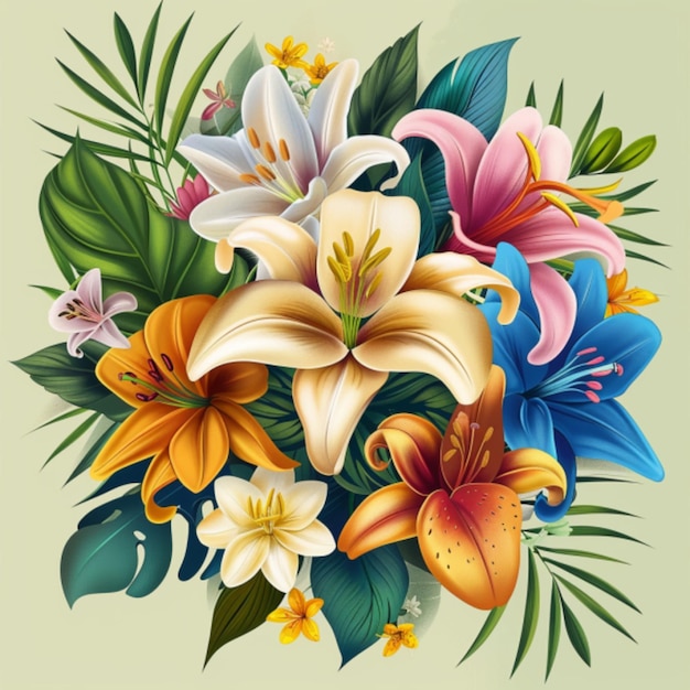 a painting of flowers with tropical leaves and tropical leaves