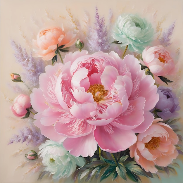 a painting of flowers with the word quot peonies quot on the bottom