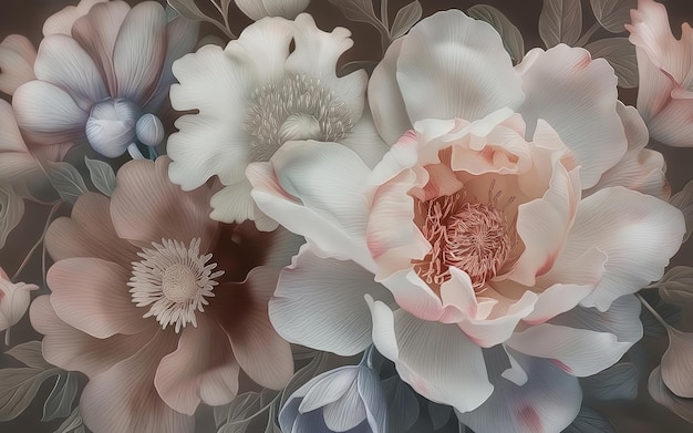 a painting of flowers with the word  peonies  on the bottom