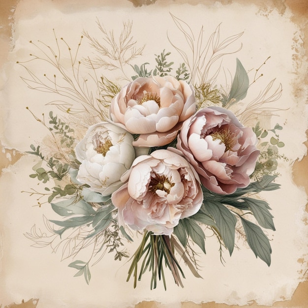 a painting of flowers with the word peonies on the top