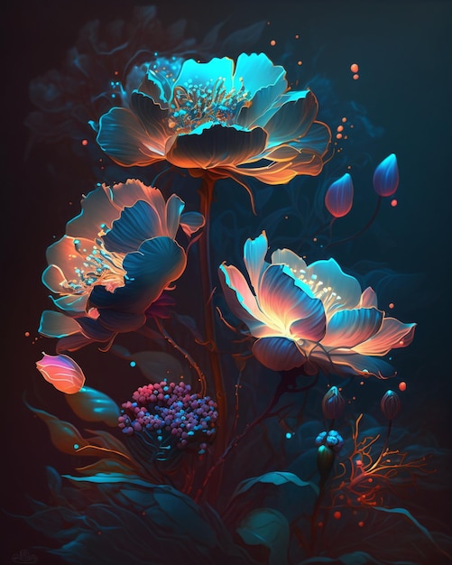 A painting of flowers with the words " blue " on the bottom.