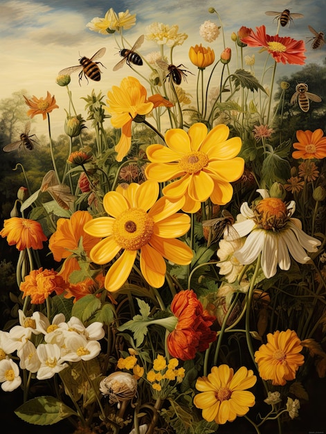 a painting of flowers with a yellow center.