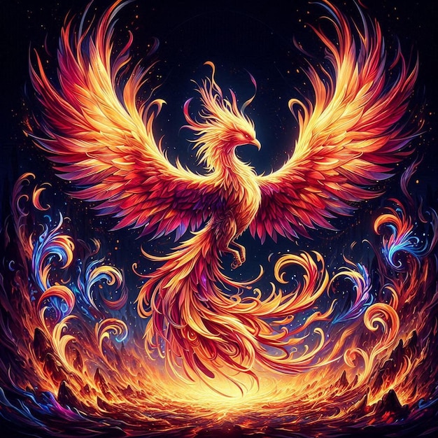 a painting of a flying eagle with a fire in the background