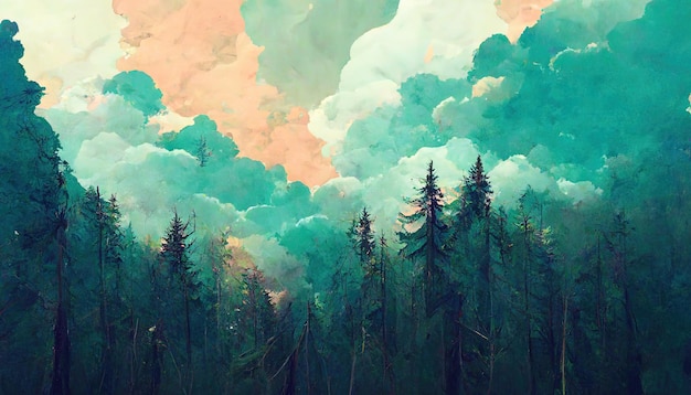 A painting of a forest filled with lots of trees generative AI