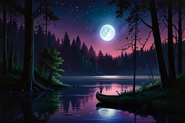 a painting of a forest lake with a canoe and a full moon