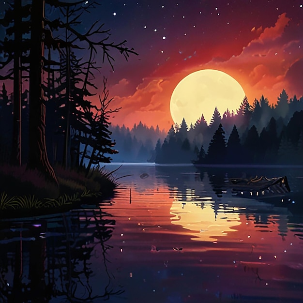 a painting of a forest lake with a full moon and trees in the background