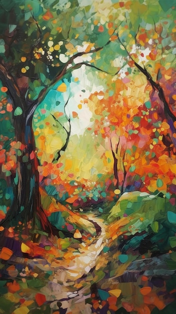 A painting of a forest path with colorful leaves and trees.