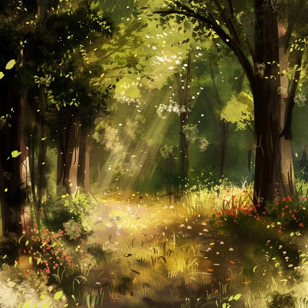 a painting of a forest path with sunbeams shining through