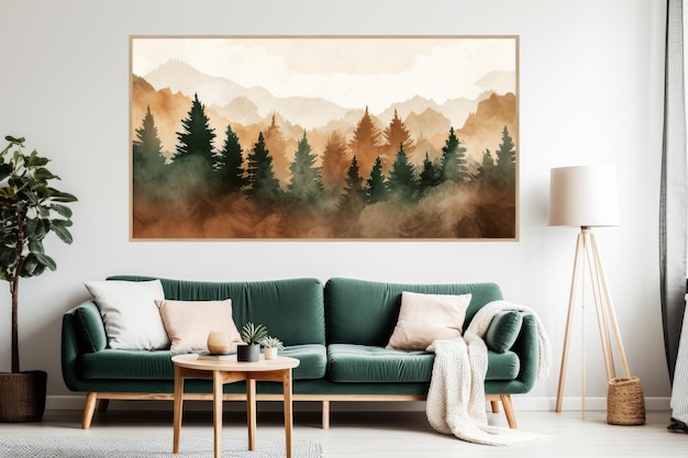 A painting of a forest scene hangs on a wall.