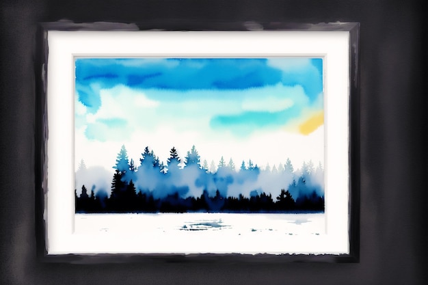 A painting of a forest scene with a blue sky and a white cloud.